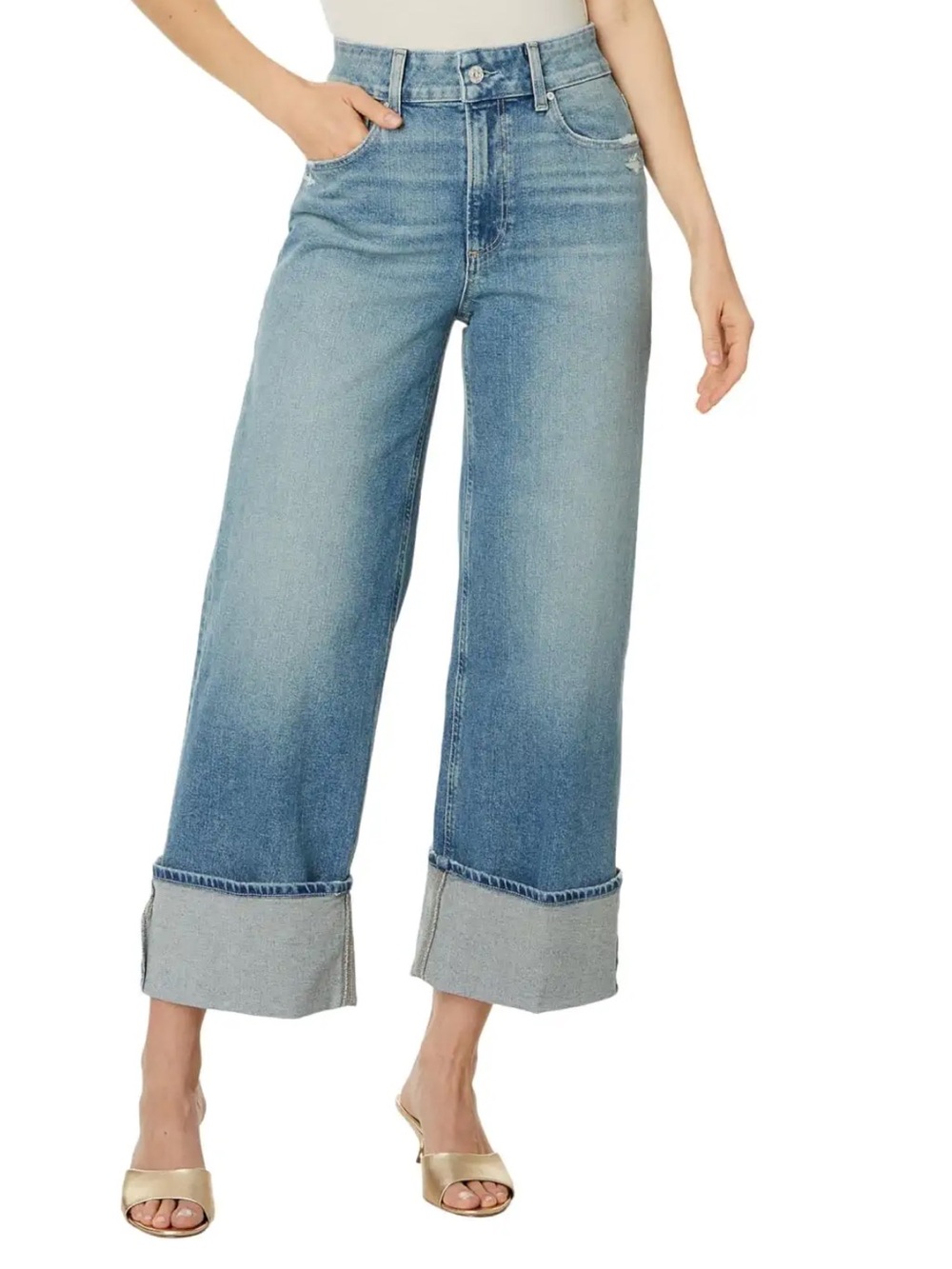 NWT PAIGE Sasha High Rise Wide Cuff Leg Jeans - Storybook Mid Blue
